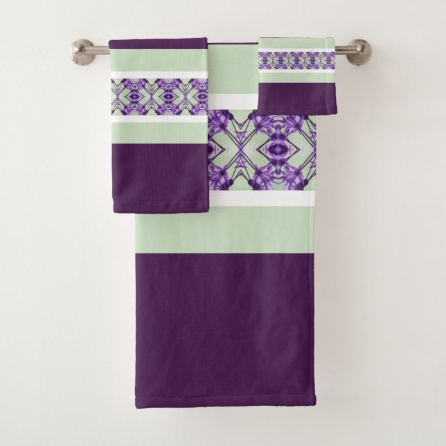 Mint Green Purple and White Stripe Accent Bath Towel Set (Insitu)