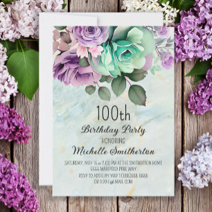 Mint Green Purple Floral Butterflies Birthday Invitation