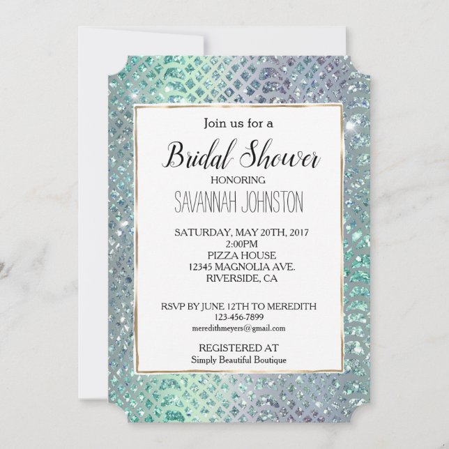 Mint Green Purple Glitter Snake Print Invitation (Front)