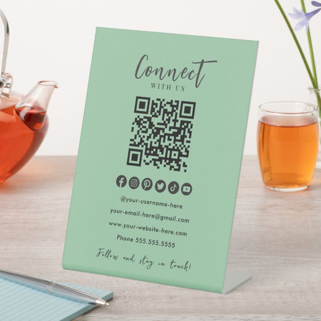 Mint Green QR Code Connect With Us Social Media Pedestal Sign (In SItu)
