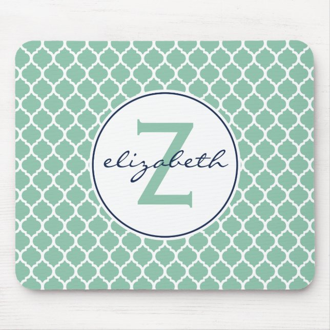 Mint Green Quatrefoil Monogram Mouse Pad (Front)