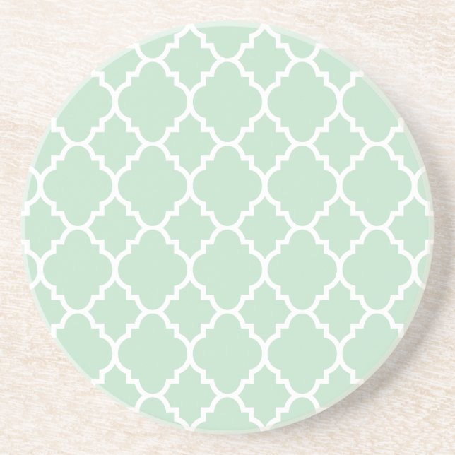 Mint Green Quatrefoil Moroccan Pattern Coaster (Front)