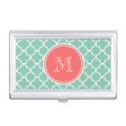 Mint Green Quatrefoil Pattern, Coral Monogram