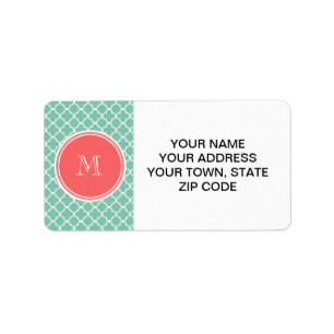 Mint Green Quatrefoil Pattern, Coral Monogram Label