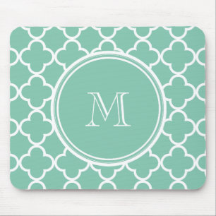 Mint Green Quatrefoil Pattern, Your Monogram Mouse Pad