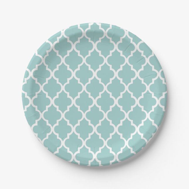 Mint Green Quatrefoil Tiles Pattern Paper Plate (Front)