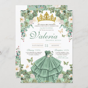 Mint Green Rose Butterfly Princess Quinceanera Invitation