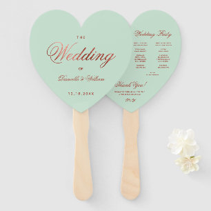 Mint Green Rose Gold Wedding Program Heart Hand Fan