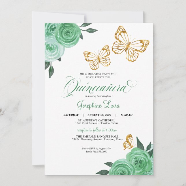 Mint Green Roses Gold Butterfly Quinceañera Floral Invitation (Front)