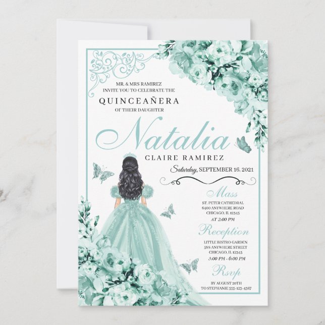 Mint Green Roses Princess Dress Quinceanera Invitation (Front)