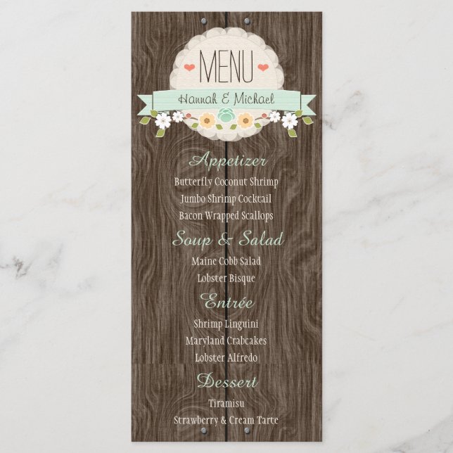 Mint Green Rustic Floral Wedding Menu Card (Front)