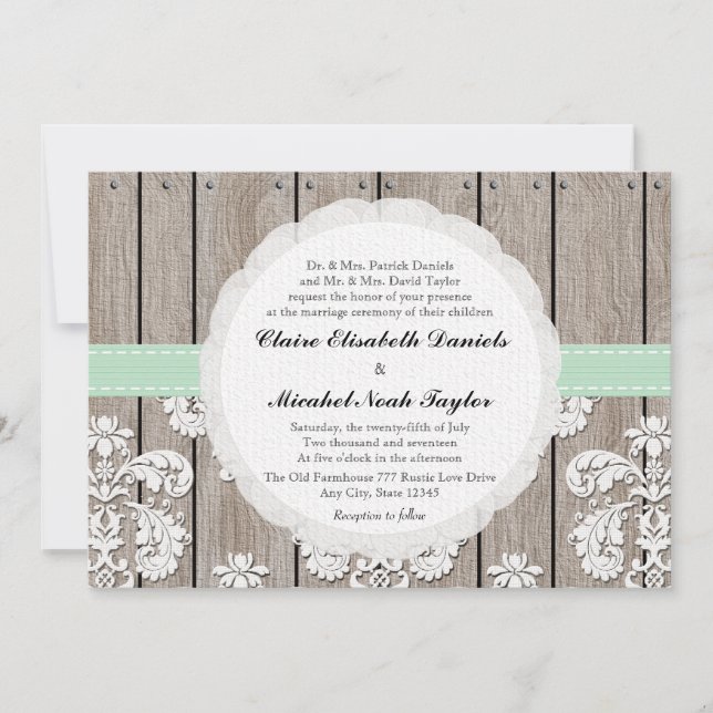 Mint Green Rustic Wood Lace Wedding Invitations (Front)
