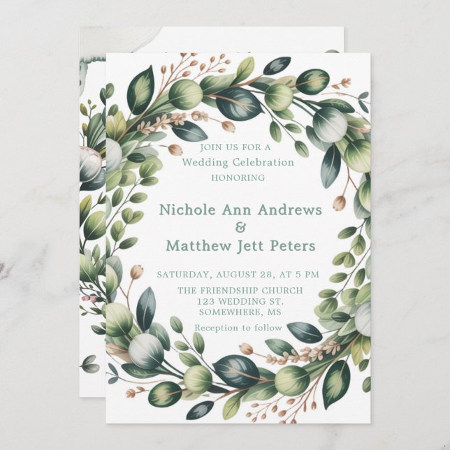 Mint Green & Sage Green Eucalyptus Wedding Invitation (Front/Back)