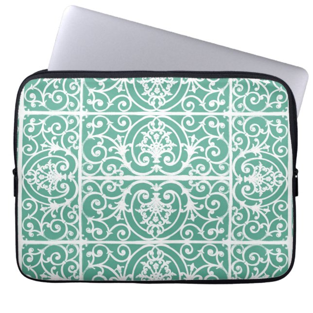 Mint green scrollwork pattern laptop sleeve (Front)