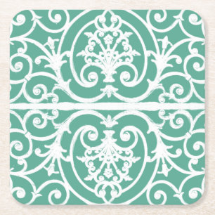 Mint green scrollwork pattern square paper coaster