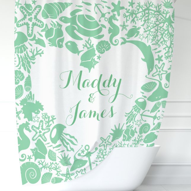 Mint Green Sea Creatures Couples Heart Monogram Shower Curtain (Creator Uploaded)