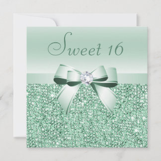 Mint Green Sequins, Bow & Diamond Sweet 16 Invitation
