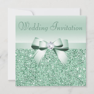 Mint Green Sequins, Bow & Diamond Wedding Invitation