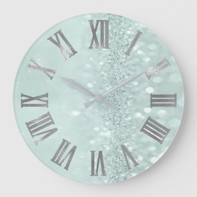 Mint Green Silver Glitter Grey Roman Numbers Large Clock (Front)