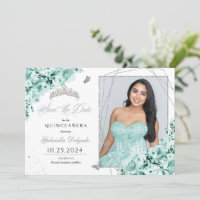 Mint Green Silver Quinceañera Save The Date Photo