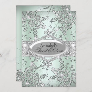 Mint Green Silver Sparkle Flower Sweet 16 Invitation