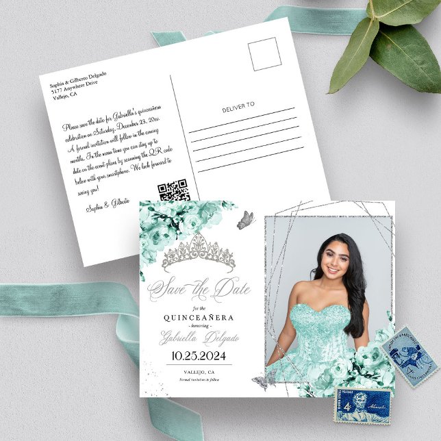 Mint Green Silver Tiara Quinceañera Photo Postcard (Creator Uploaded)