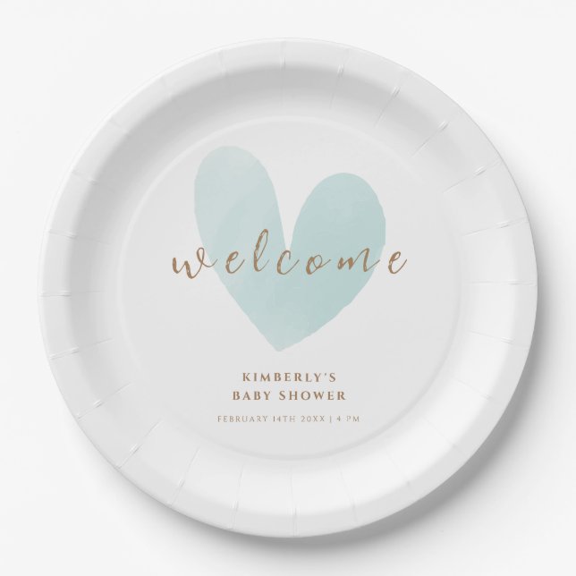 Mint Green Simple Heart Welcome Baby Shower Paper Plate (Front)