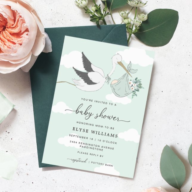 Mint Green Stork Baby Shower Invitation (Green Stork Baby Shower Invitation )