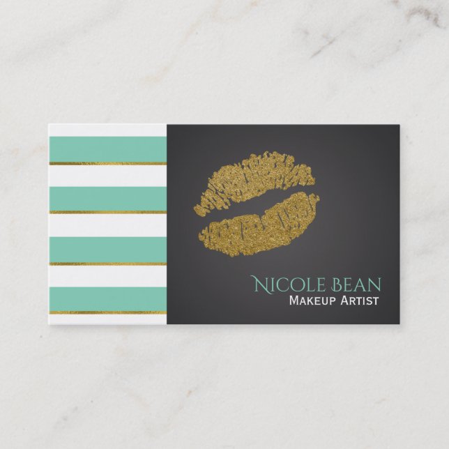 Mint Green Stripes & Faux Gold Shine Lips Chic Business Card (Front)