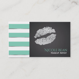 Mint Green Stripes Faux Silver Shine Lips Chic Business Card