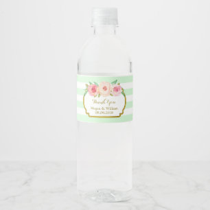 Mint Green Stripes Floral Gold Water Bottle Label