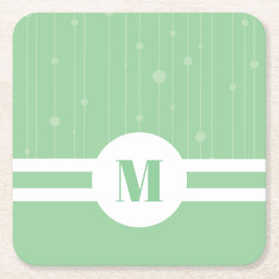 Mint green stripes monogram pastel modern square paper coaster
