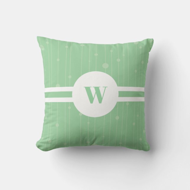 Mint green stripes pattern round frame monogram cushion (Front)