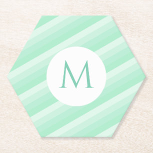 Mint Green Stripes Personalised Modern Monogram Paper Coaster