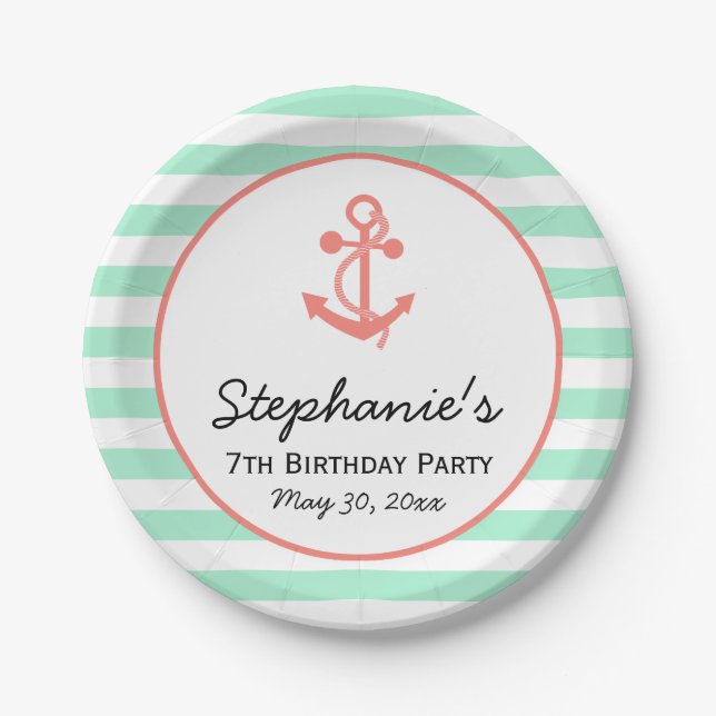 Mint Green Stripes with Coral Pink Anchor Birthday Paper Plate (Front)