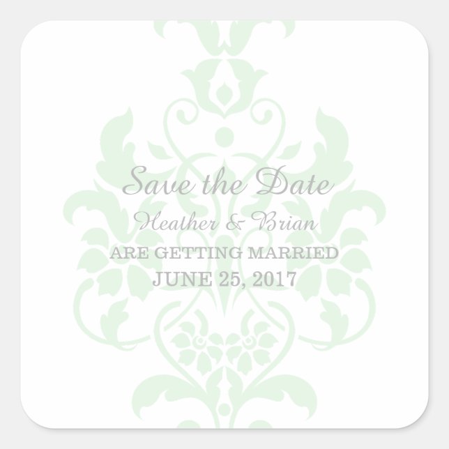Mint Green Subtle Damask Save the Date Stickers (Front)