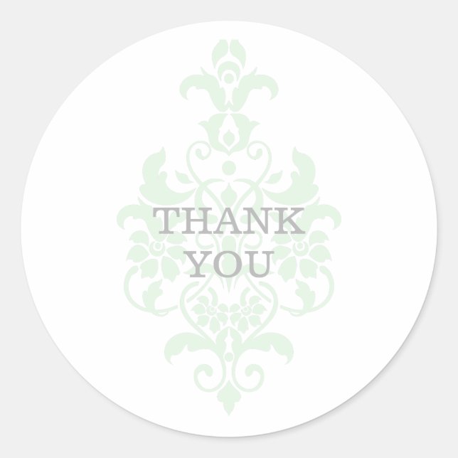 Mint Green Subtle Damask Thank You Stickers (Front)