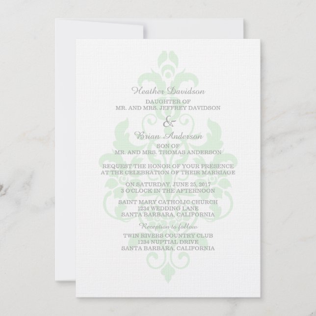 Mint Green Subtle Damask Wedding Invite (Front)