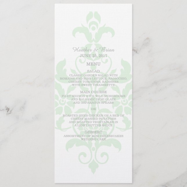 Mint Green Subtle Damask Wedding Menu (Front)
