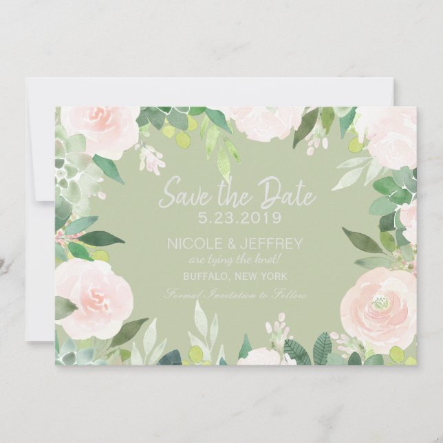 Mint Green Succulent Flower Wedding Save the Date (Front)