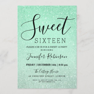 Mint Green Sweet 16 Birthday Glitter Look Paint Invitation