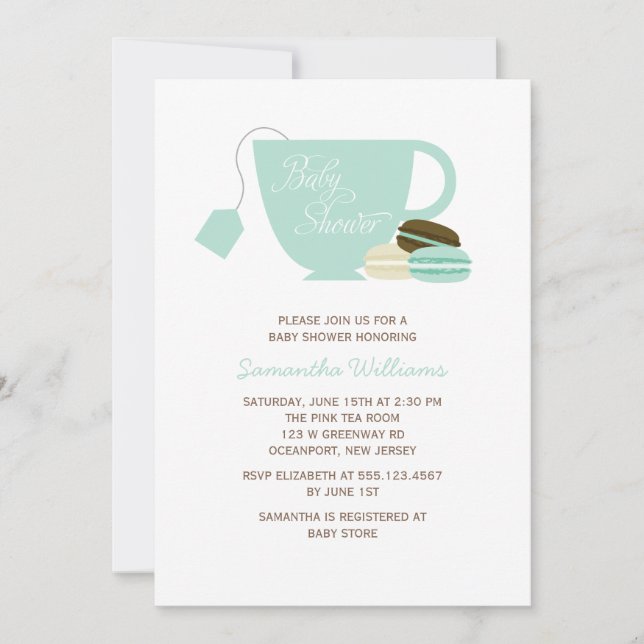 Mint Green Tea Cup and Macarons Baby Shower Invitation (Front)