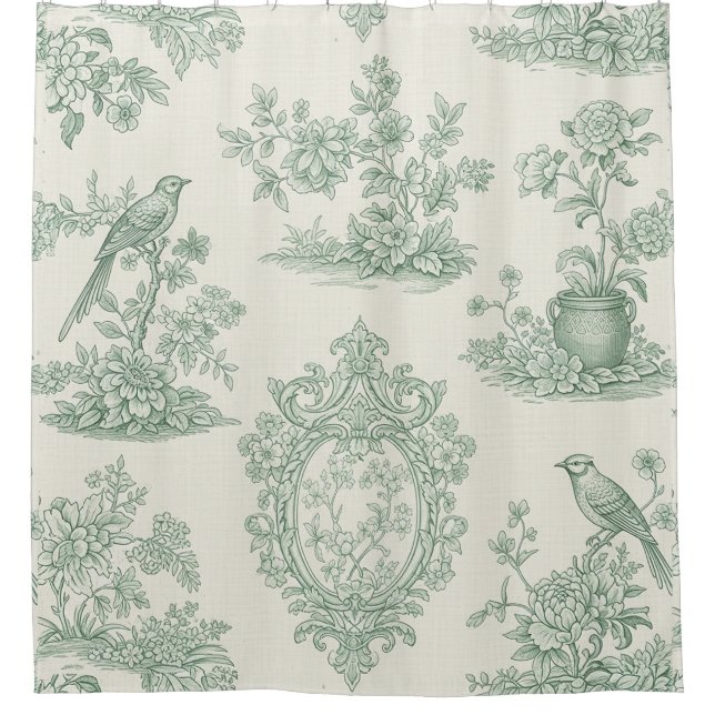 Mint Green Toile Floral and Bird Pattern Shower Curtain (Front)