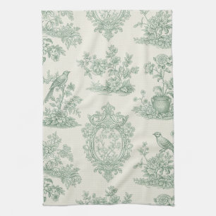 Mint Green Toile Floral and Bird Pattern Tea Towel