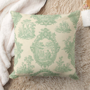 Mint Green Toile Vintage Couples and Garden Scene Cushion