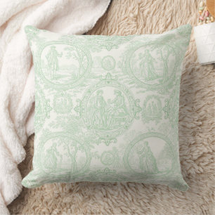 Mint Green Toile Vintage Couples & Garden Scene 2 Cushion