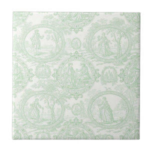 Mint Green Toile Vintage Couples & Garden Scene 2 Tile
