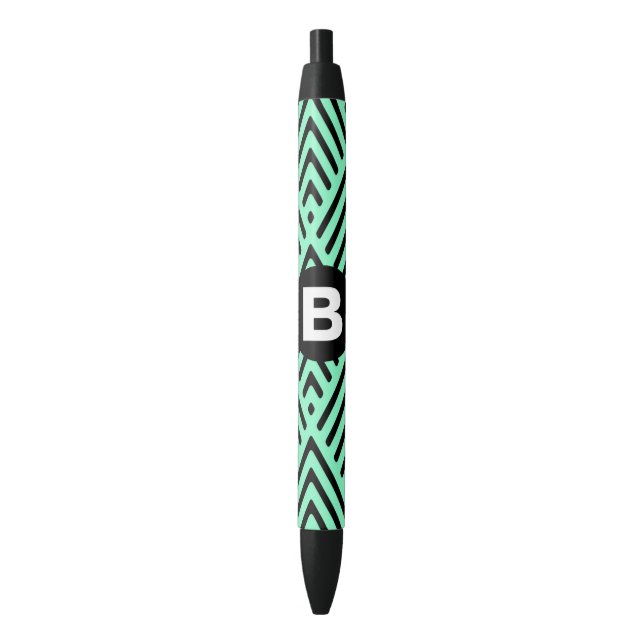 Mint Green Trendy Chevron Pattern Monogram Black Ink Pen (Front Vertical)