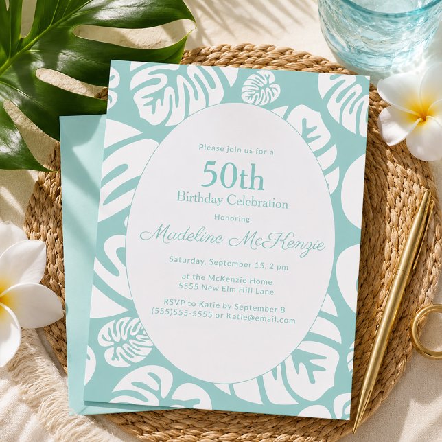 Mint Green Tropical Monstera Beach Party 50th  Invitation (Tropical monstera 50th birthday party invitation)