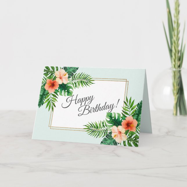Mint Green Tropical Watercolor Floral Birthday Card (Front)